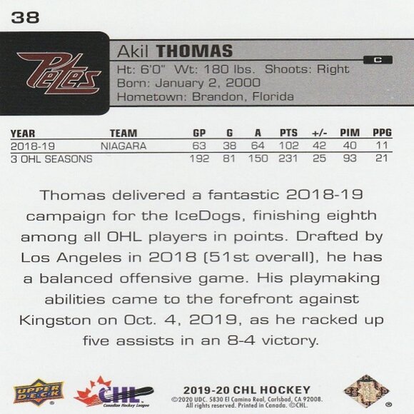 Akil Thomas - 2019/20 Upper Deck CHL Hockey Card - Picture 2 of 2